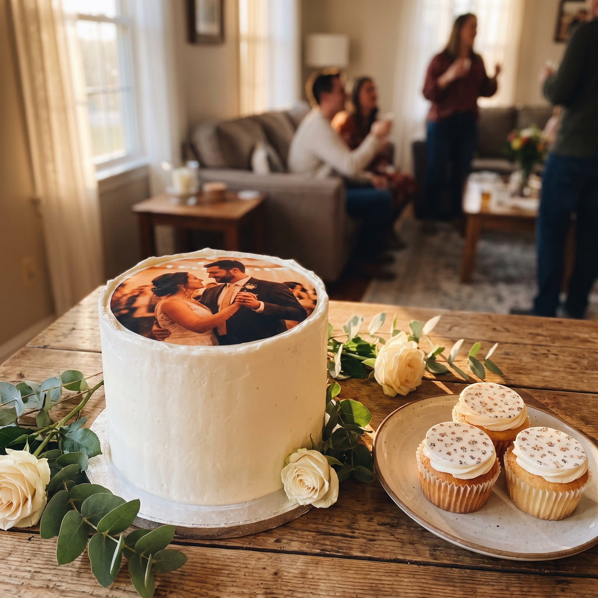 Hochzeitstorte mit essbarem Foto des tanzenden Paars, daneben Cupcakes mit kleinen bedruckten Auflegern