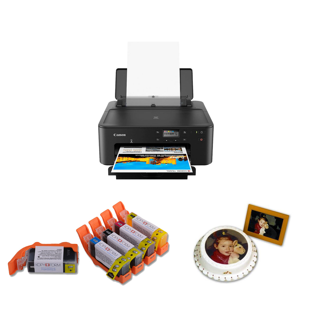 Canon PIXMA Drucker mit KOPYFORM Lebensmittelpatronen und einer Torte mit essbarem Kinderfoto